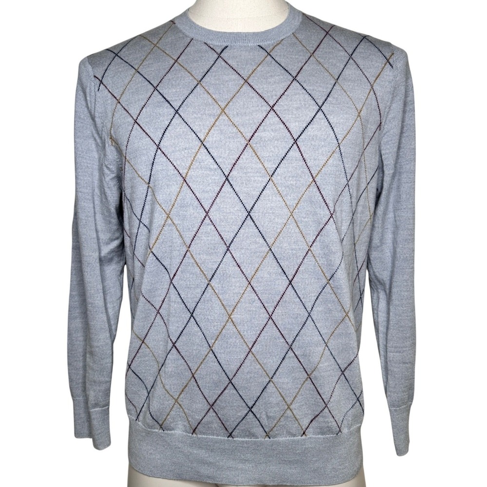 Brooks Brothers Mens XL Extra Fine Merino Wool Argyle Sweater Gray 3127-155ND050